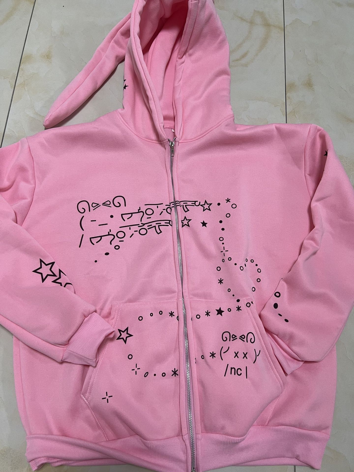 Fashionable Ins New Autumn/Winter Casual Bear Star Printed Loose Zipper Hoodie Set_voghion.com