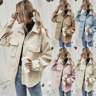 Cross-Border Export European and American Clothing Amazon 2025 Spring Lapel Single-Breasted Thickeneded Pure Color Woolen Loose Jacket