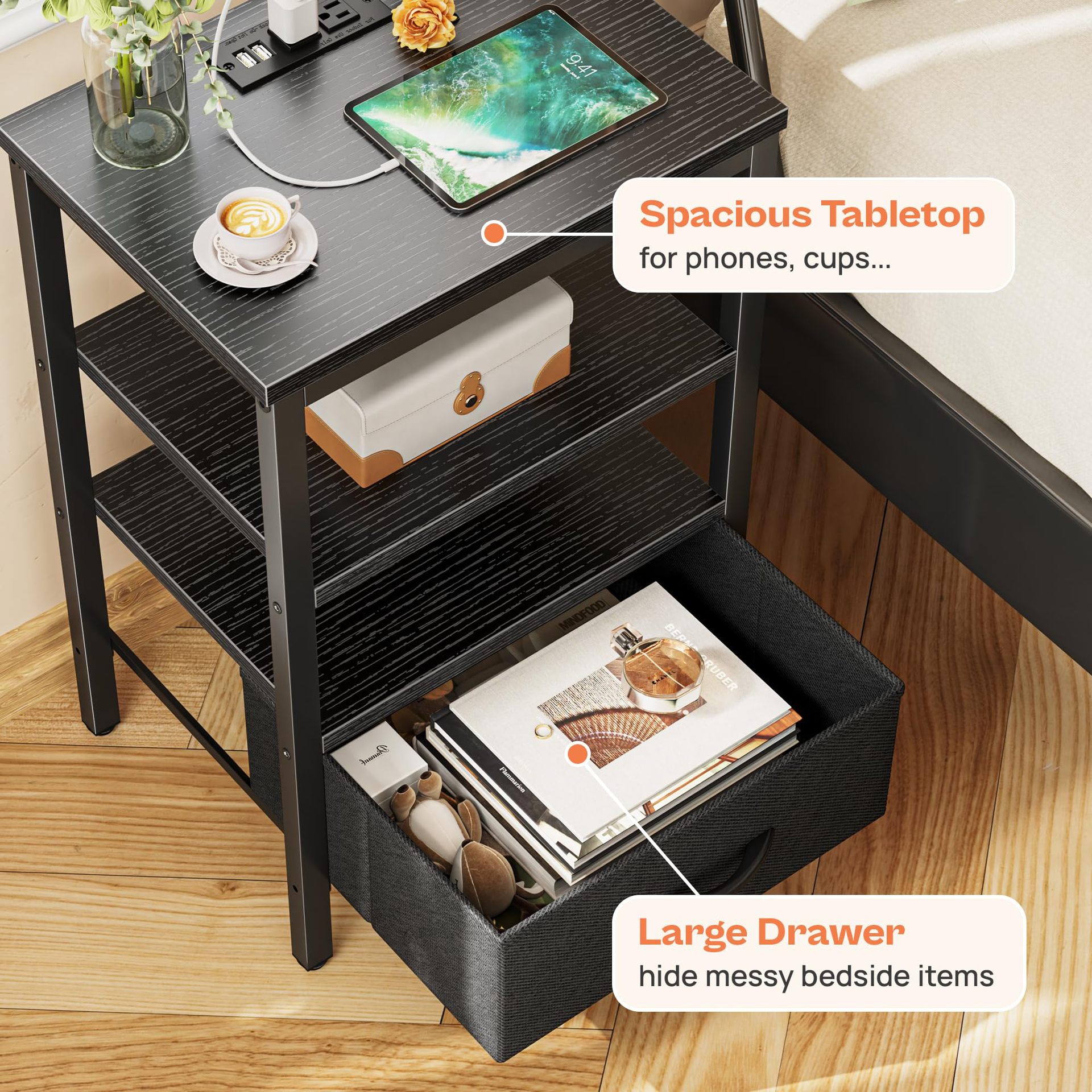 Comercio exterior personalizado mesas de cabecera dormitorio doméstico simple con cajón de tela ajustable recargable sofá lado mesa de cama