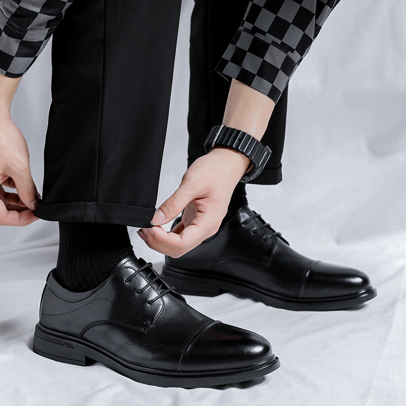 Zapatos de cuero pequeños para hombre, de estilo informal, formal, de primera capa, de piel de vaca, cómodos, negros, para bodas y novios_voghion.com