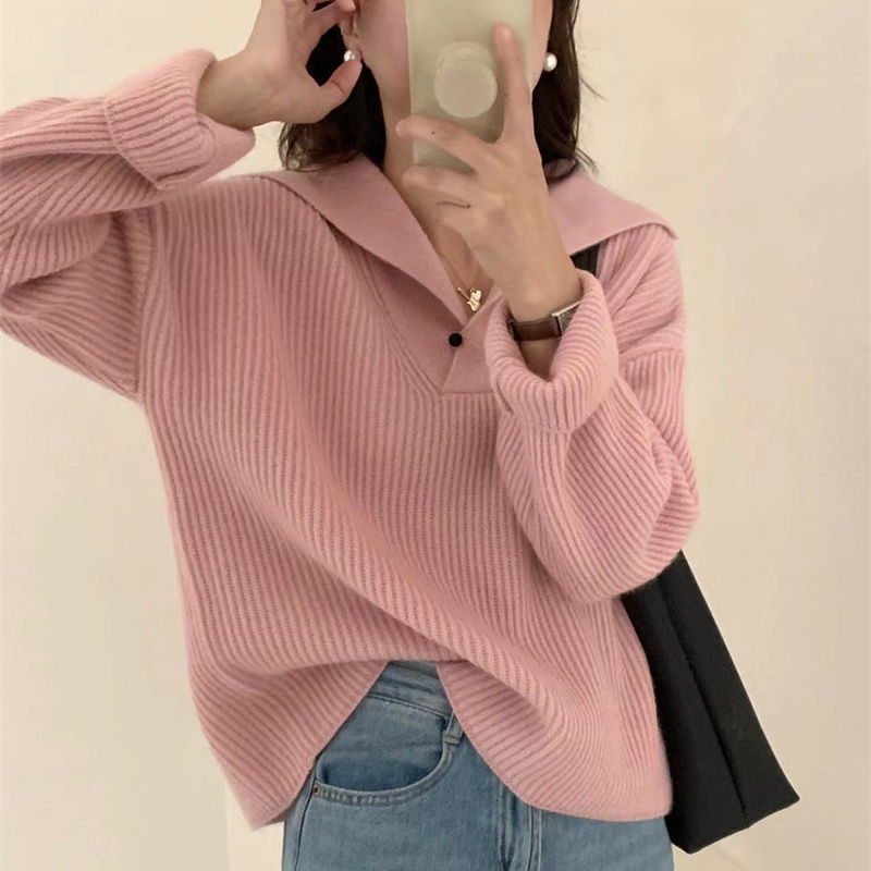 Poloシャツの襟をめくってニットのセーターのプルオーバーの新型の秋冬の女性のvネックのデザイン感の小さい大衆のゆったりしている怠惰な上着|undefined