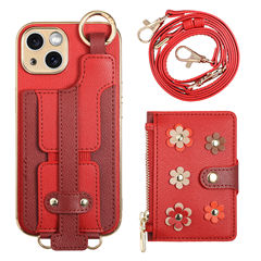 多功能可拆卸配長掛繩適用蘋果15手機皮套素皮花朵插卡iPhone外殼