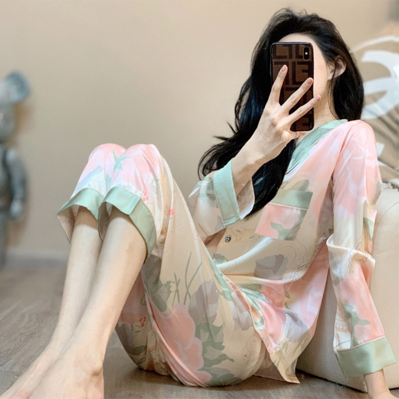 ins High-end Ice Silk Pajamas Women's Summer Short-sleeved Thin Internet-famous Light Luxury High-appearance Value Outfit Home Suit