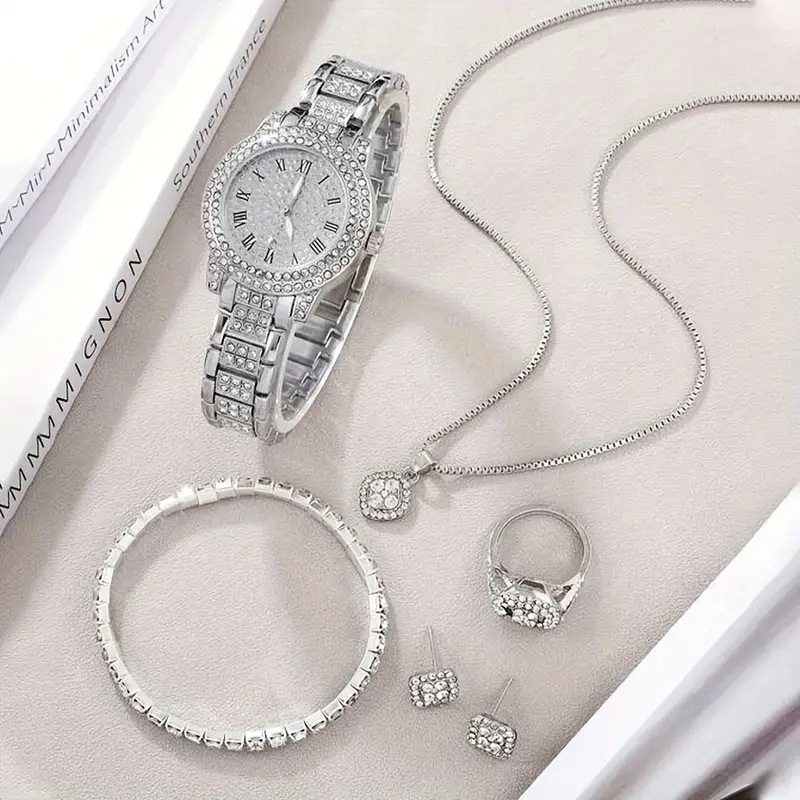 Explosions Women's Watch Supply Conjunto de cinco peças com relógio feminino de diamante Relógio de quartzo romano da moda feminina_voghion.com