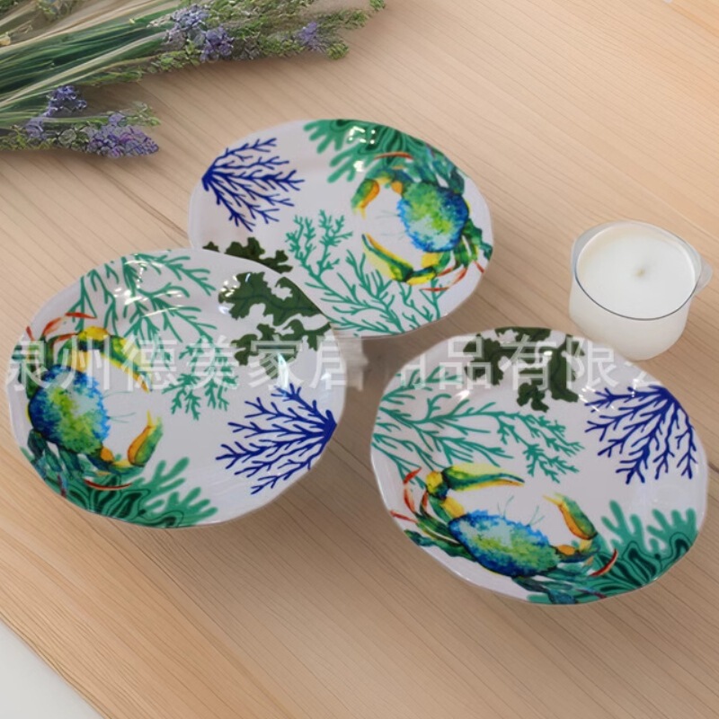 Summer Ocean Crab and Coral Pattern Melamine Western-Style Dinner Plate 8.5/ 11inch Melamine Imitation Porcelain Salad Plate Round Dish Summer Ocean Crab and Coral Pattern Melamine Western-Style Dinner Plate 8.5/ 11inch Melamine Imitation Porcelain Salad Plate Round Dish
