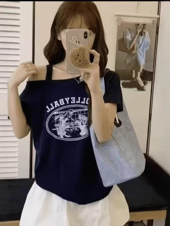 【綿92・スパンデックス8】オフショルダー半袖スリムフィットショートプリントTシャツレディース万能ボトムスシャツ|undefined