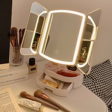 新款贝壳led化妆镜带灯收纳盒一体台式桌面梳妆台网红可放大镜子