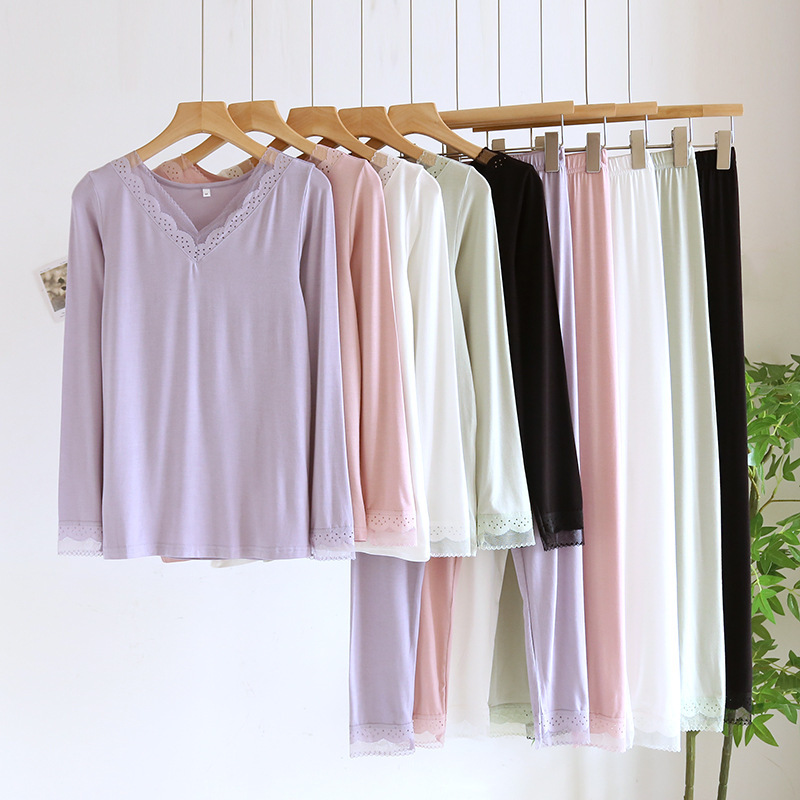 Autumn and Winter New Modal Women's Warm suit Sexy V-Neck Lace Slim-Fit Thin Bottoming Shirt Autumn Clothes Autumn Trousers