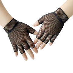 Half-finger elastic short fishing net short gloves cool summer high elasticity black and white high elasticity sunscreen gloves Lolita