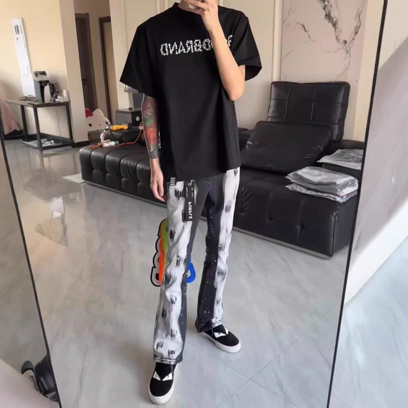 European and American Street Fashion Brand Spring New Smoky Gray Splash-Ink Ripped Jeans for Men, Stretchy Slim Fit, Slimming, Slight Flare