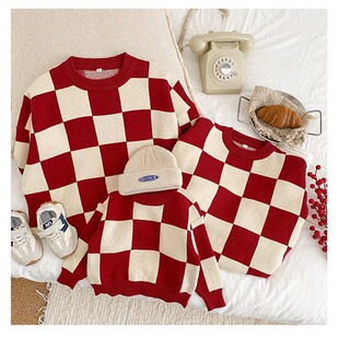 In Stock: Parent-Child Outfits for Autumn and Winter 2025, Knit Tops for a Family of Three, Autumn and Winter Checkerboard Pattern Mother-Son Sweaters