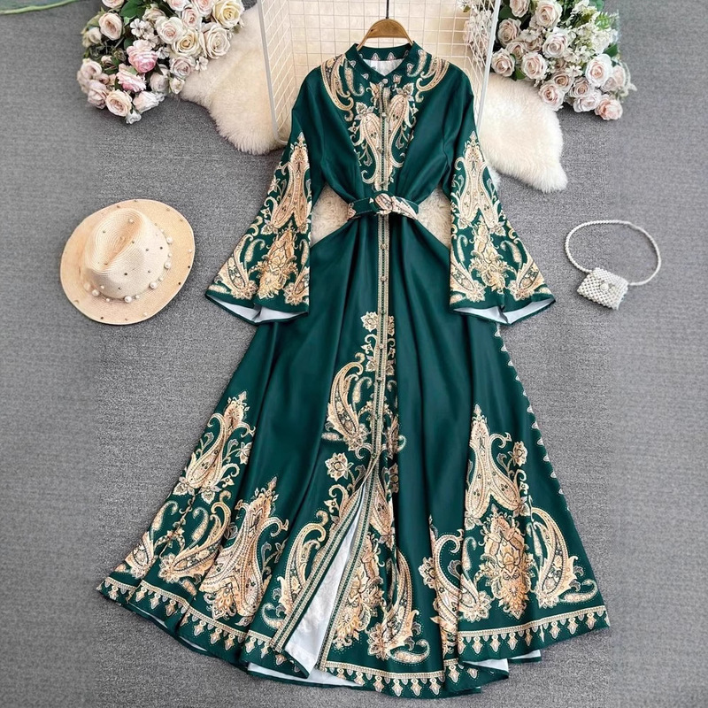 Cross-border Retro Court Style Elegant Trumpet Long-sleeved Lapel Single-breasted A- shaped Positioning Printed Dress Dress Cross-border Retro Court Style Elegant Trumpet Long-sleeved Lapel Single-breasted A- shaped Positioning Printed Dress Dress