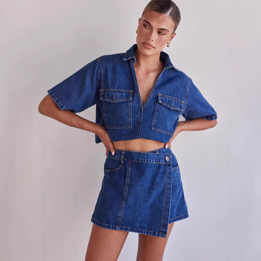 European And American Style Workwear Denim Skirt And Pants Set Irregular Fashion 2025 Cross Border Hot Selling_voghion.com