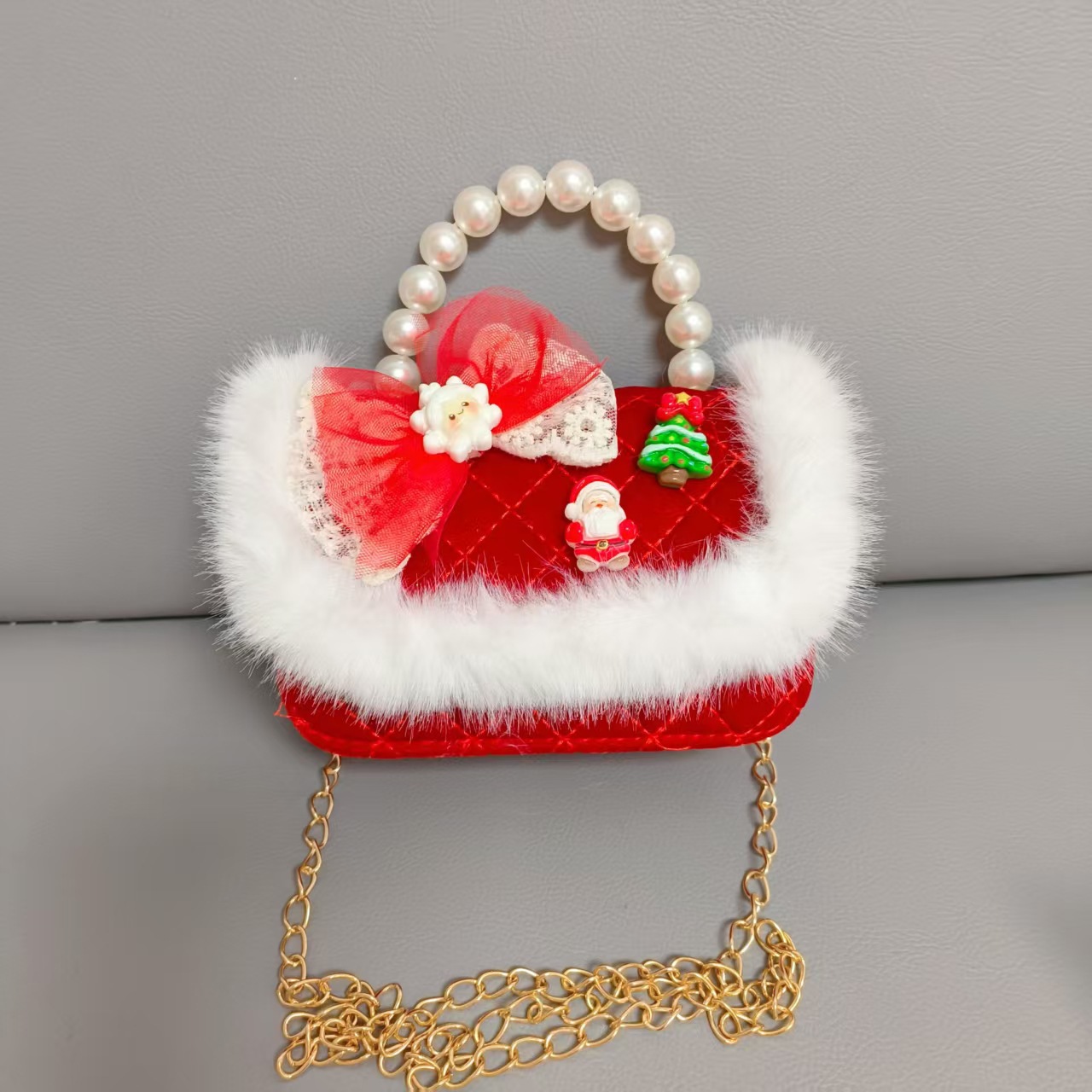 Gran bolso de perla de arco rojo, Santa Claus, bolso de Año Nuevo, cartera de Año Nuevo, hombro, pequeño viento fragante