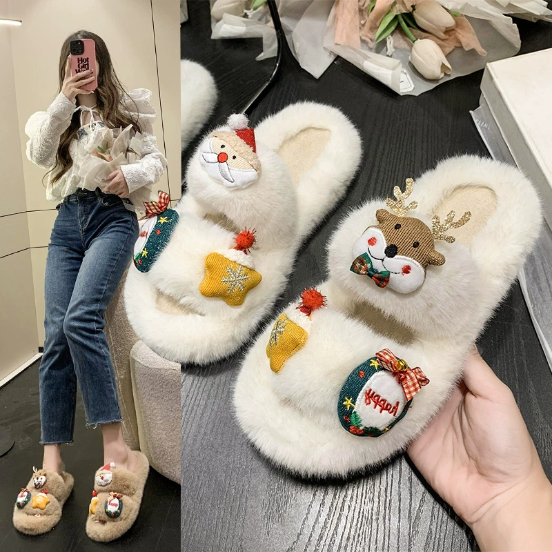Модные милые рождественские хлопковые тапочки с мультяшным лосем, Женская осенне-зимняя Домашняя и верхняя одежда, плюшевые толстые тапочки с одним словом Мао