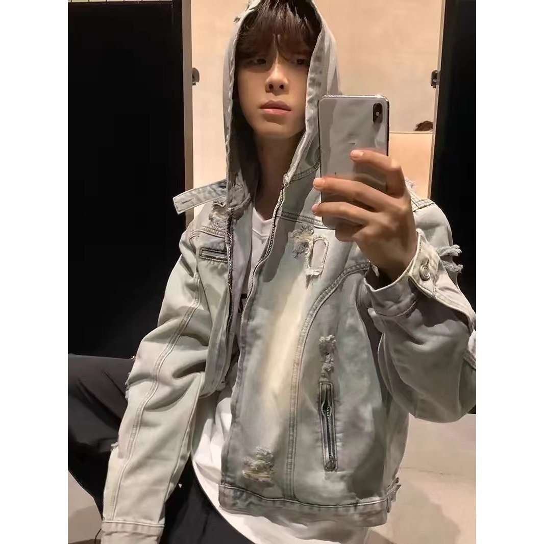 跨境美式街头复古做旧破洞连帽痞帅水洗牛仔外套男宽松休闲夹克