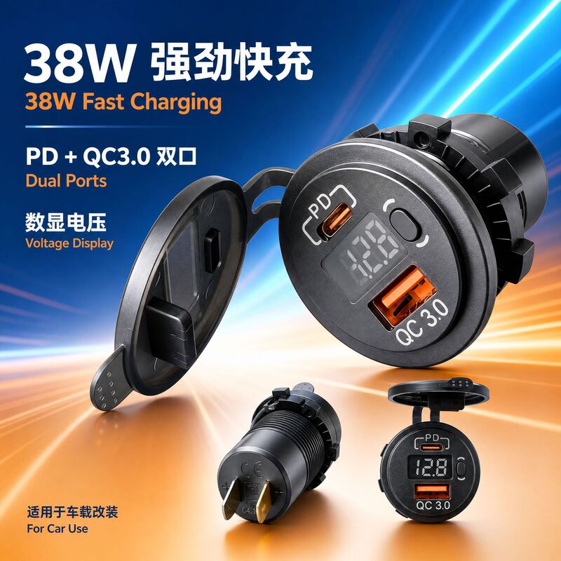 38W Car Pd+Qc3.0 Fast Charging Charger with Digital Display for Car and Motorcycle Modification USB Charging Accessories