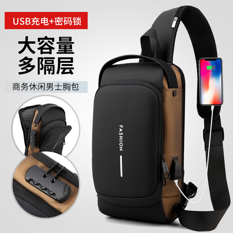 男性用バッグシングル肩多機能斜めショルダーバッグパスワードロックスポーツ機関車バッグ防水usb充電口盗難防止胸バッグ|undefined