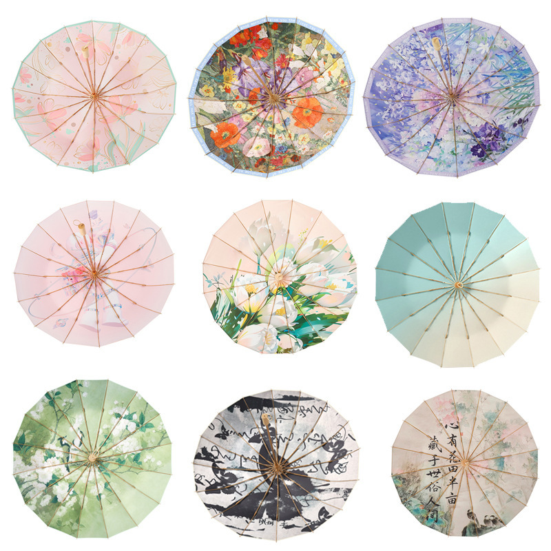 Small Fresh and Ancient Style Oil Painting Umbrella 16 Bone Colored Glue Three-fold Sunscreen Folding Umbrella Sunshade Umbrella Vintage Wooden Handle Gift Umbrella