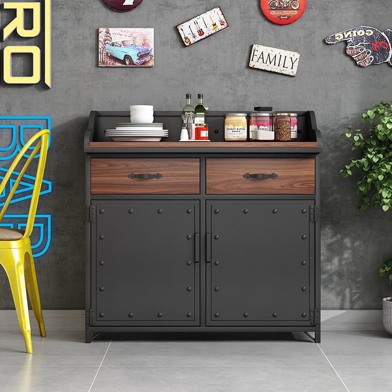 New Chinese Style Industrial Style Iron Sideboard Cupboard Solid Wood Sideboard Tea Cabinet Metal Storage Cabinet Spice Table