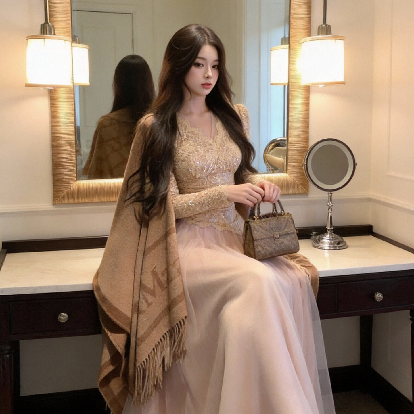 Đầm maxi nữ cổ V ren thắt eo xòe lưới phong cách Pháp — màu hồng chi tiết 6