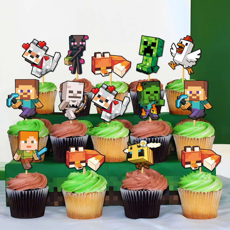 新しい Minecraft テーマ子供の誕生日パーティーの装飾ピクセルフラッグケーキインサートセット|undefined