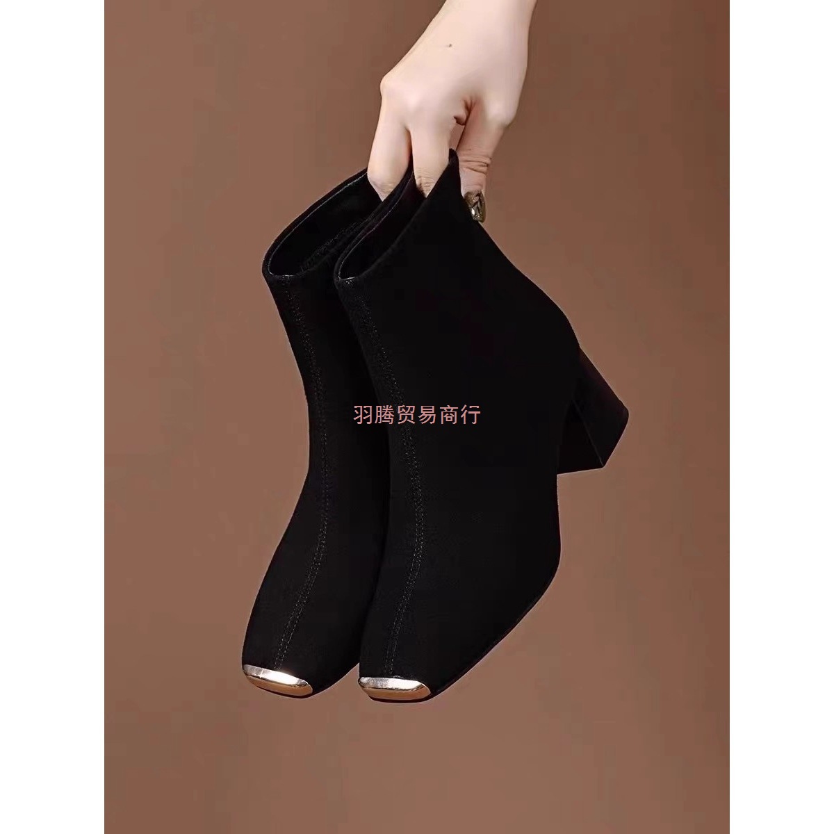 真皮撤柜气质方头高跟短靴瘦瘦袜靴女2025秋冬新款粗跟绒面弹力靴