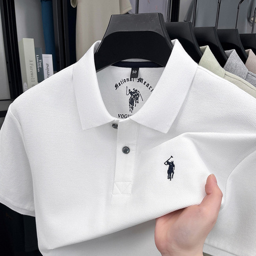 100% Cotton Short Sleeve Polo Shirt for Men 2025 Summer New Arrival Polo Shirt with Embroidered Pony Logo, Geometric Texture, Breathable T-shirt for Men