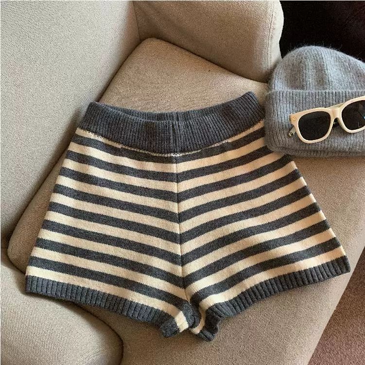 慵懒风撞色条纹针织短裤女2025秋冬款高腰休闲五分裤小个子阔腿裤