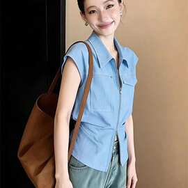 小飞袖衬衫女夏季款都市通勤风打褶收腰设计翻领衬衣图片色露肩