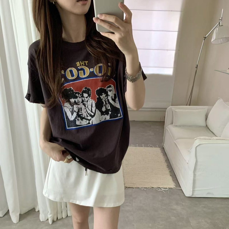Korean Style Dongdaemun Same Style Trendy Women's Band Print Ripped Short-Sleeve T-Shirt Round Neck Casual Versatile Top Korean Style Dongdaemun Same Style Trendy Women's Band Print Ripped Short-Sleeve T-Shirt Round Neck Casual Versatile Top