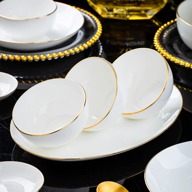 Декоративная керамическая посуда из Jingdezhen, ручная работа, золотая глазурь, фарфор с золотой каймой, рисовая тарелка, простая чаша и набор блюд, подарок, оптом