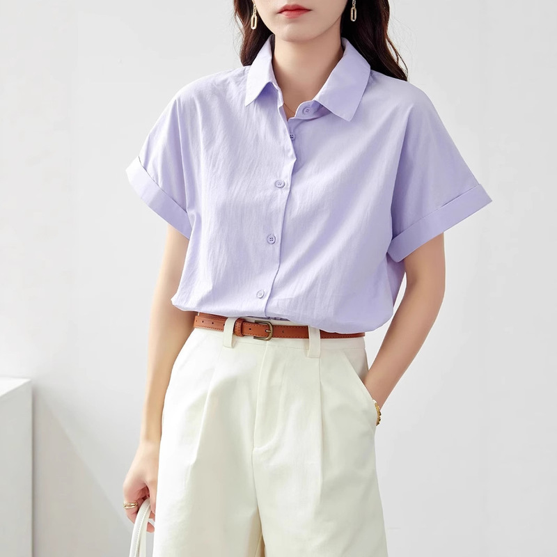 Cotton Purple Short-Sleeved Shirt 2025 New Women's Summer This Year's Popular Beautiful Elegant Versatile Top White Shirt