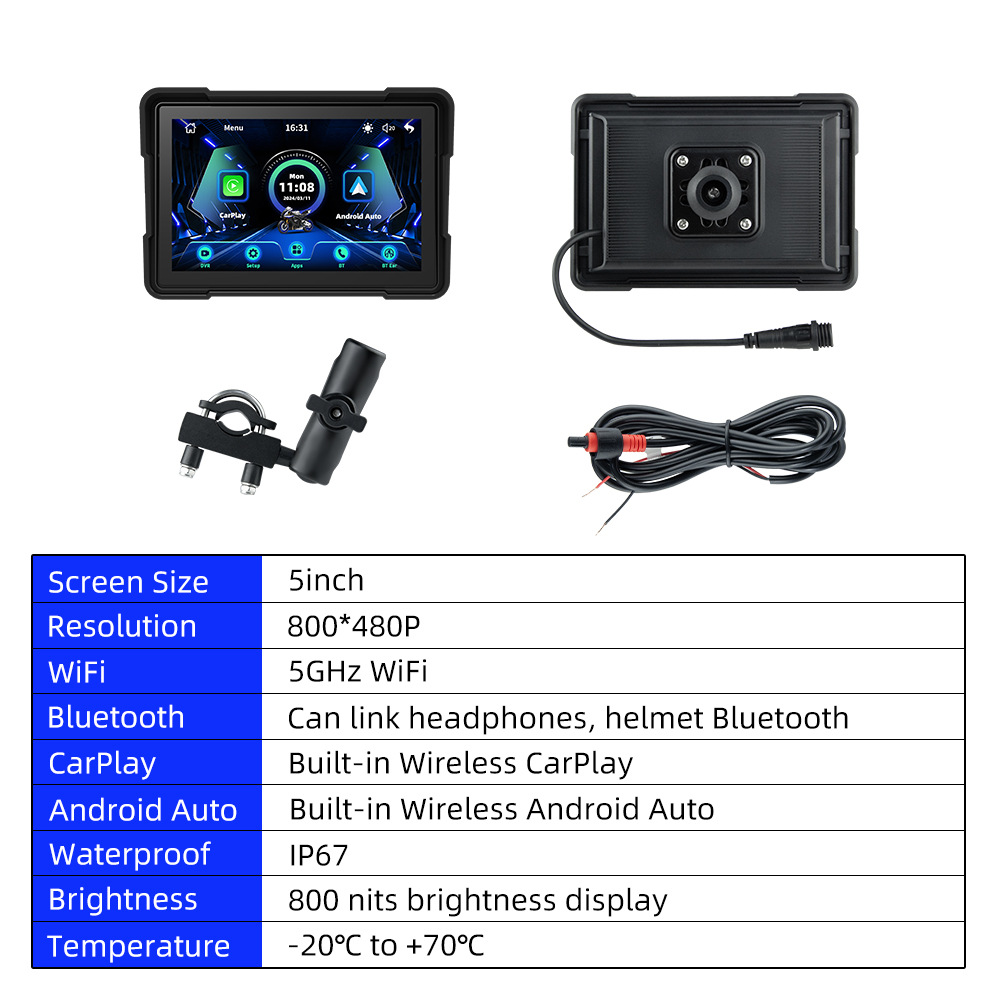 5inch Portable Car-Mounted Motorcycle Dash Cam Carplay Navigator Ip67 Waterproof Wireless
