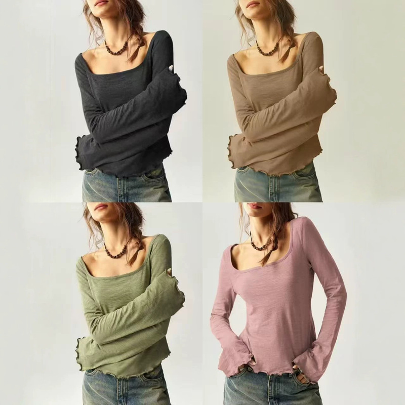 Bohemian Style Cross-Border Casual Solid Color Knitted Square Neck Bell Sleeve Slim T-Shirt for Women Direct from Factory Bohemian Style Cross-Border Casual Solid Color Knitted Square Neck Bell Sleeve Slim T-Shirt for Women Direct from Factory