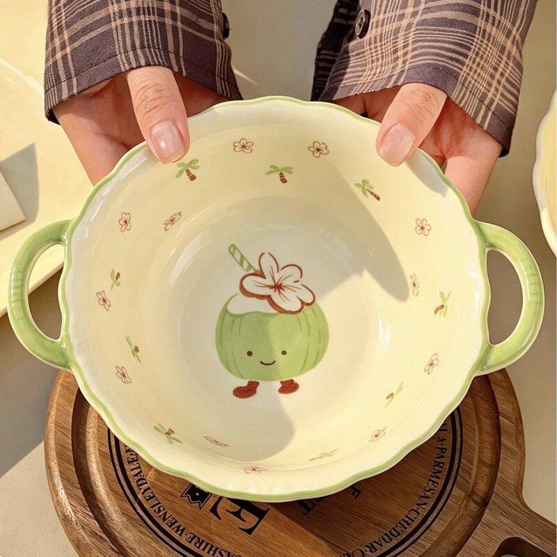 Coconut High Aesthetic Double-Eared Ceramic Soup Bowl for Home Use, Underglaze Color, Single-Serving Tableware, Snail Noodle Bowl, Rice Bowl, Noodle Bowl Coconut High Aesthetic Double-Eared Ceramic Soup Bowl for Home Use, Underglaze Color, Single-Serving Tableware, Snail Noodle Bowl, Rice Bowl, Noodle Bowl