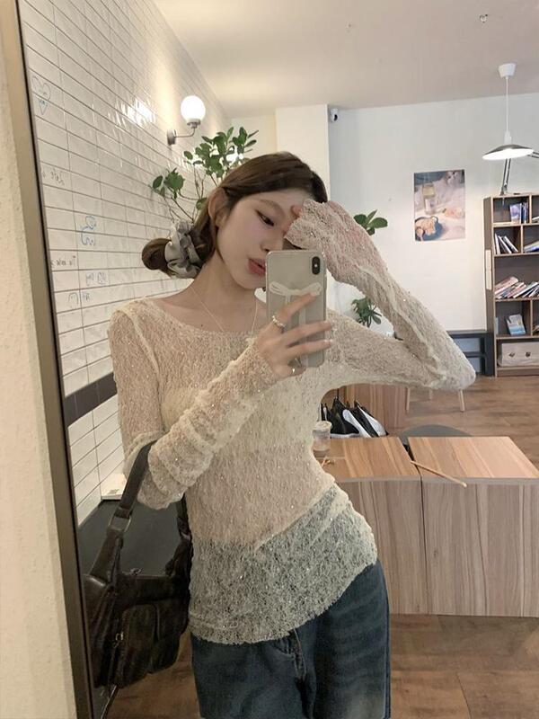 New French Style See-Through Design Sun Protection Long-Sleeved T-Shirt for Women Pure Desire Slimming Look Backless Blouse Top