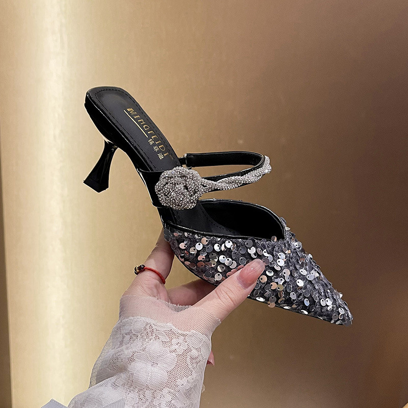 2025 nuevo estilo de verano con sandalias y zapatillas de tacón alto de tacón de aguja de diamantes de imitación