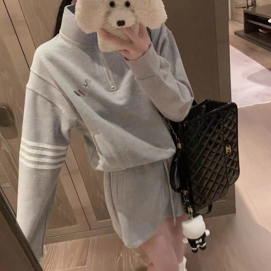 Lucky Bag Tb Preppy Style Puppy Rhinestone Fashion Set Fleece-Lined Zip-Up Stand Collar Sweatshirt A-Line Skirt Two-Piece Set