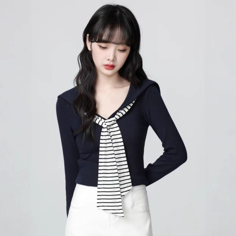 Navy Blue Long-Sleeve T-Shirt for Women, Spring 2025 New Striped Tie Spliced Slimming Top Navy Blue Long-Sleeve T-Shirt for Women, Spring 2025 New Striped Tie Spliced Slimming Top