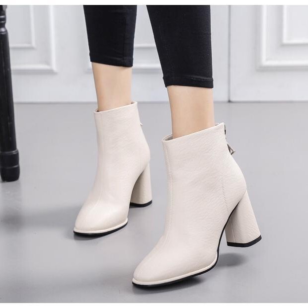 Coarse High Heel Short Barrel Martins 2024 Autumn and Winter New Arrival Zipper Chelsea Shoes fleece-lined All-match Commuter Boots