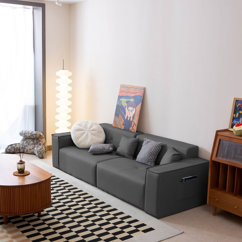 Italian-Style Light Luxury Nappa Leather Faux Leather Sofa for Light Luxury Apartment Living Room, Small Apartment Straight Row Tofu Block Three-Seater