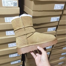 厚底羊皮毛一体中筒雪地靴皮带扣机车靴毛口可翻保暖棉靴冬季款