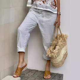 2024欧美外贸爆款女裤ebay速卖通爆款 棉麻条纹9分休闲裤
