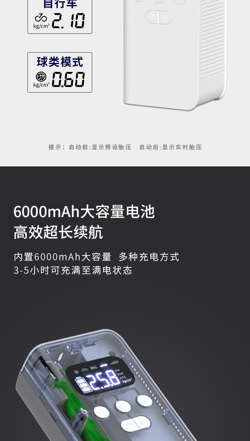 Car-Mounted Wireless Portable Air Pump for Car Tires with Tire Pressure Measurement, Electric Air Pump for Vehicles