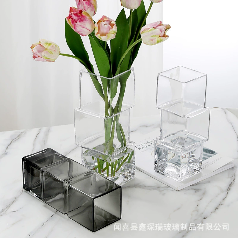 Нерегулярная стеклянная ваза в европейском стиле для интернет-знаменитостей, креативный квадратный цилиндр, украшение неправильного цвета, прозрачная бутылка для гостиной с лилией