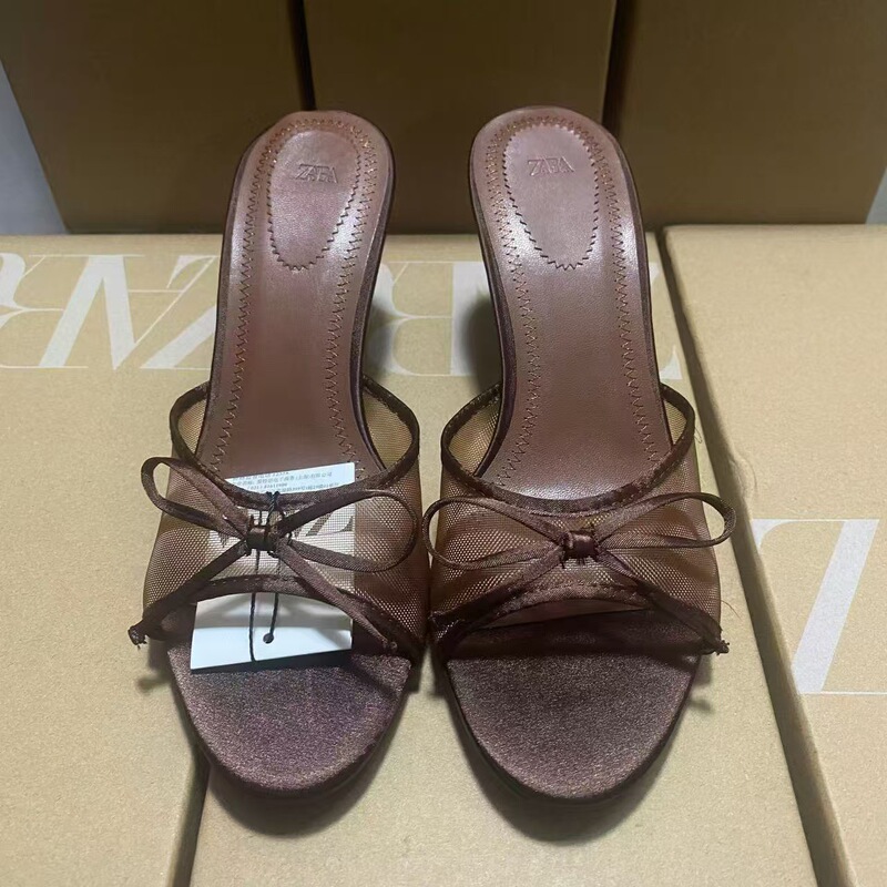 Za2025 New Brown Women's Shoes Fashionable Mesh Bow Decorated Fish Mouth Back Hollow Stiletto Women's Sandals and Slippers