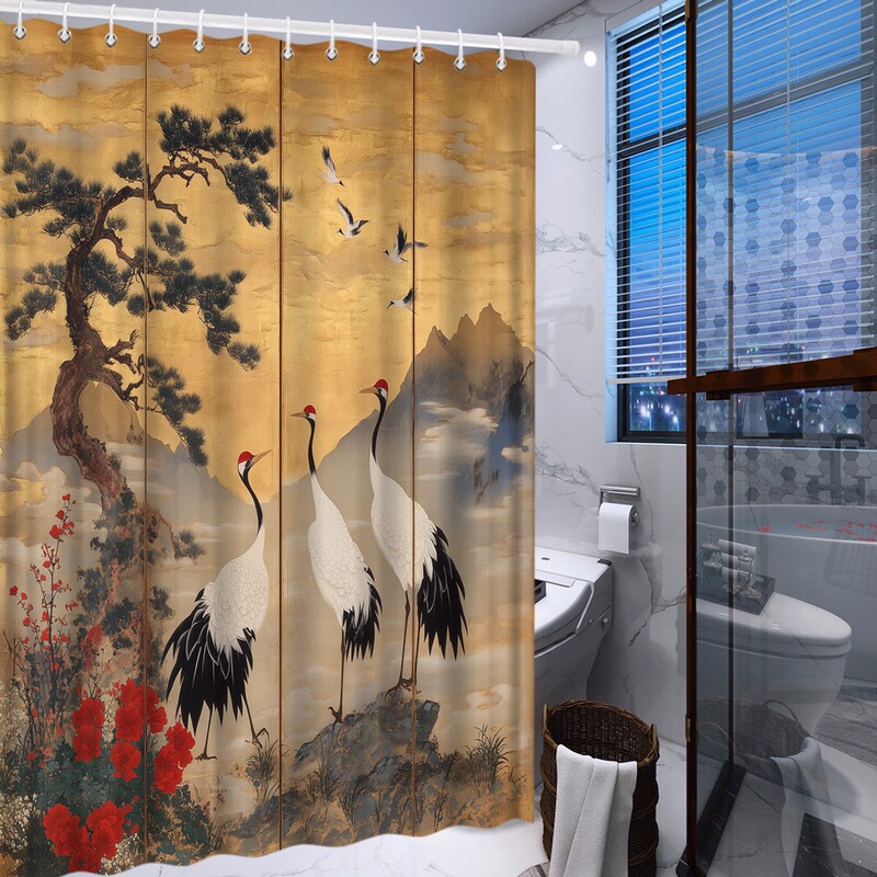 Traditional Japanese-Style Red-Crowned Crane Shower Curtain with Elegant Misty Mountains and Golden Sky Design, Made of Polyester Fabric