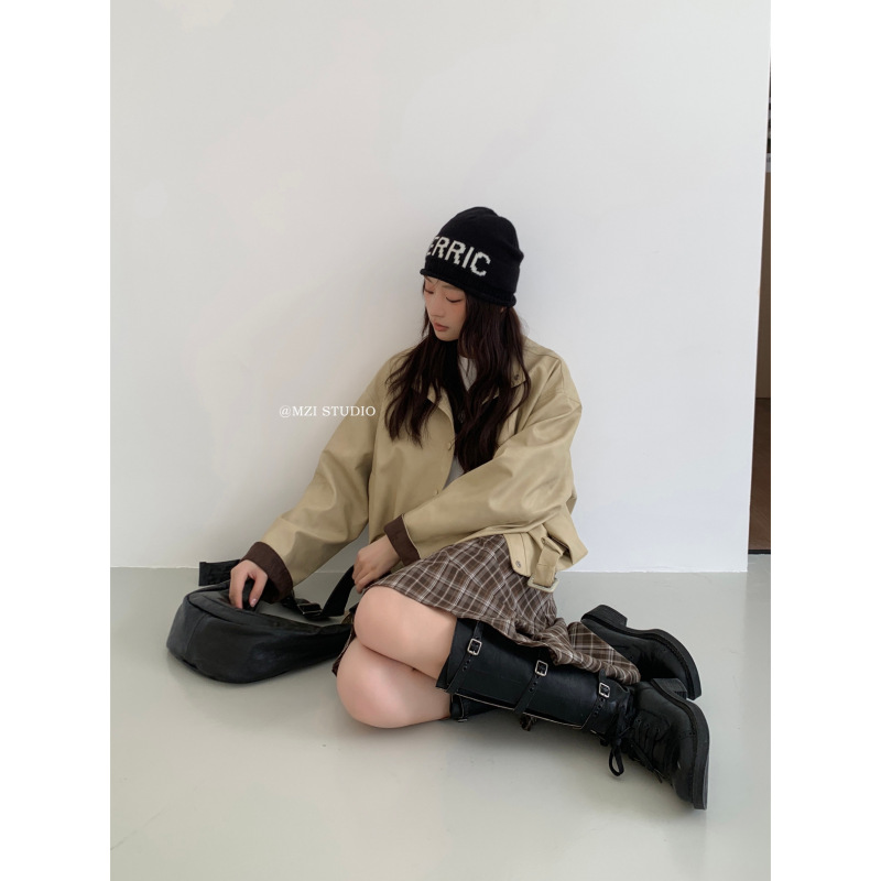 MZI STUDIO-领袖口撞色系带皮衣复古百搭气质皮衣(配腰带)12696B|undefined