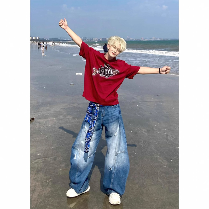 American Retro Blue Wide-Leg Jeans for Men, Summer High Street Cool Ripped Flared Pants, Vibe Style Scimitar Casual Pants